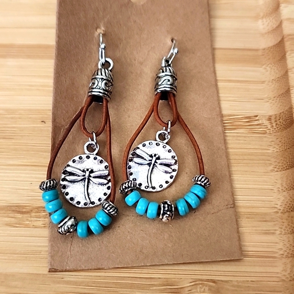 Natural Turquoise Beaded leather Dangle Boho Earrings ⚡️